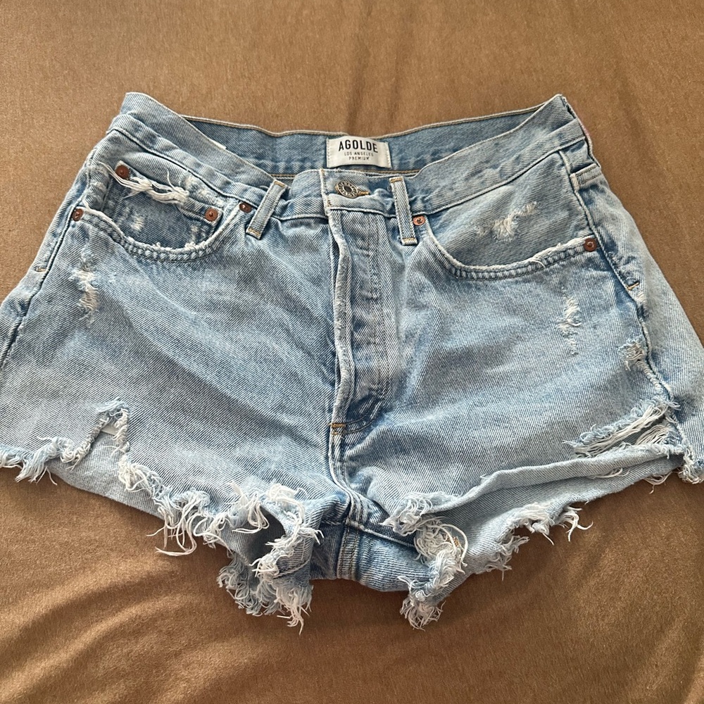Agolde Blue Distressed Jean Shorts High-Waisted